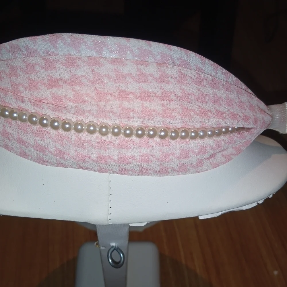 Preppy Elegant Pink Houndstooth & Pearl Knotted Wide Headband